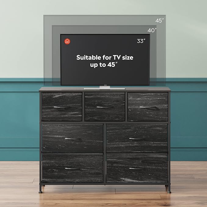 WLIVE 7 Drawer Dresser TV Stand, Entertainment Center, Media Console Table with Metal Frame and Wood Top for TV up to 45 inch, Chest of Drawers for Bedroom, Charcoal Black Wood Grain Print