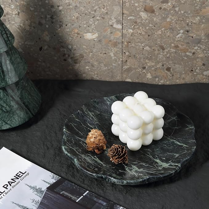 Koville Marble Tray, 8" Round Marble Vanity Tray for Jewelry Trinket Perfume, Natural Stone Tray for Bathroom Kitchen Dresser Countertop, Scalloped Decorative Tray for Home Table Decor(Green)