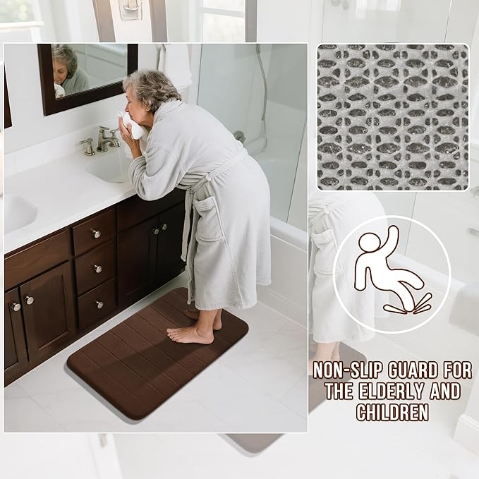 Yimobra Large Bath Mat Set 2 Piece- Super Soft Absorbent Quick Dry Memory Foam Bathroom Rugs, Machine Washable Non Slip Floor Carpet for Tub Shower & Double Vanity (17x24 & 44x24, Brown)