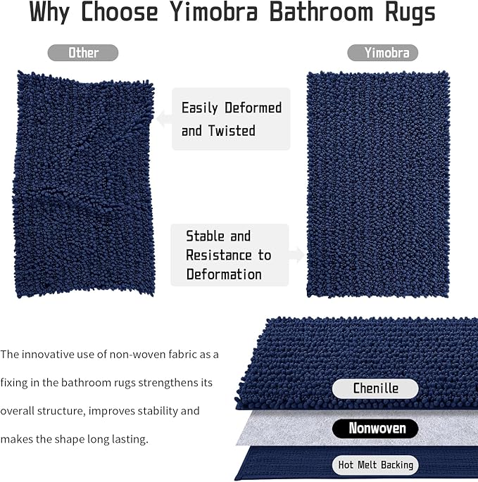 Yimobra Bathroom Rugs Non Slip Washable 32x20 Inch - Ultra Soft Absorbent Chenille Bath Mat, Quick Dry Shaggy Floor Carpet for Tub Shower, Navy Blue Home Decor Accessories