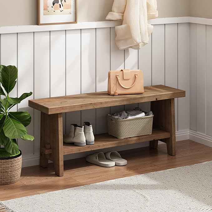 HOKYHOKY Solid Wood Entryway Bench - 43.3" Farmhouse Long Storage Bench, Rustic Narrow Bench Seat for Indoor, Entryway, Dining Room, Living Room and Hallway, Brown