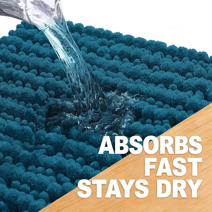OLANLY Bathroom Rug Mat 44x24, Thick Soft and Absorbent Chenille Bath Mat, Non-Slip Rubber Backing, Machine Washable Quick Dry Bath Rugs for Tub Shower Floor, Home Decor Accessories, Peacock Blue