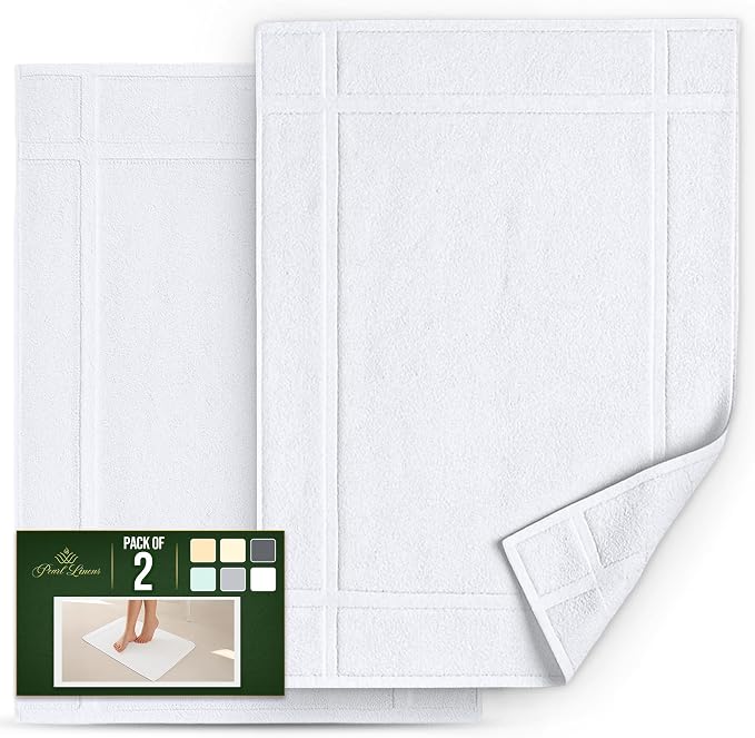 Pearl Linens Pack of 2 100% Cotton Bath Mat 18x25 inches, Soft & Absorbent Quick Dry Bathroom Mat Set, Not Bathroom Rugs, After Shower Mat, Bath Tub Mat, 781 GSM, Machine Washable, White