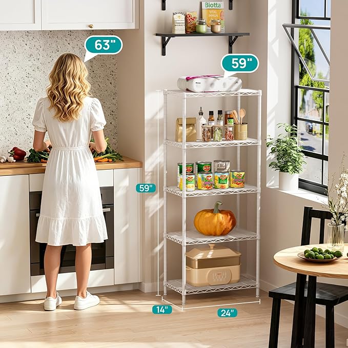 SINGAYE Shelf Wire Shelving Adjustable Storage Shelves Rack Standing Units for Kitchen Closet Laundry Bathroom Organizers Metal Pantry Narrow Mesh Gaps 14" D x 24" W x 59" H White