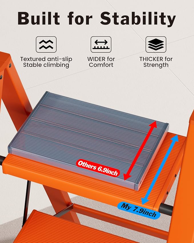 3 Step Ladder, Aluminum Lightweight Folding 3 Step Stool with Anti-Slip Wide Pedal, 330lbs Capacity Ladder for Household,Library,Office(Hermes Orange)