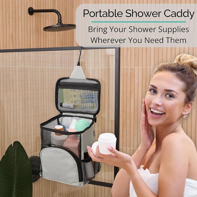 TERRA HOME Original Portable Shower Caddy For College Dorms - Foldable Mesh Tote - Dorm Room Essentials - Durable Hanging Travel Shower Bag - Perfect for College Students, Men, Women (Grey)