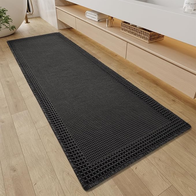 RESARE Waffle Bathroom Runner Rugs, Super Absorbent Bath Mat Non Slip Washable Quick Dry, Upgraded Ultra Soft Boho Bath Rugs with Tassels, Farmhouse Home Decor Accessories, 2'x5'(24"x60") Black