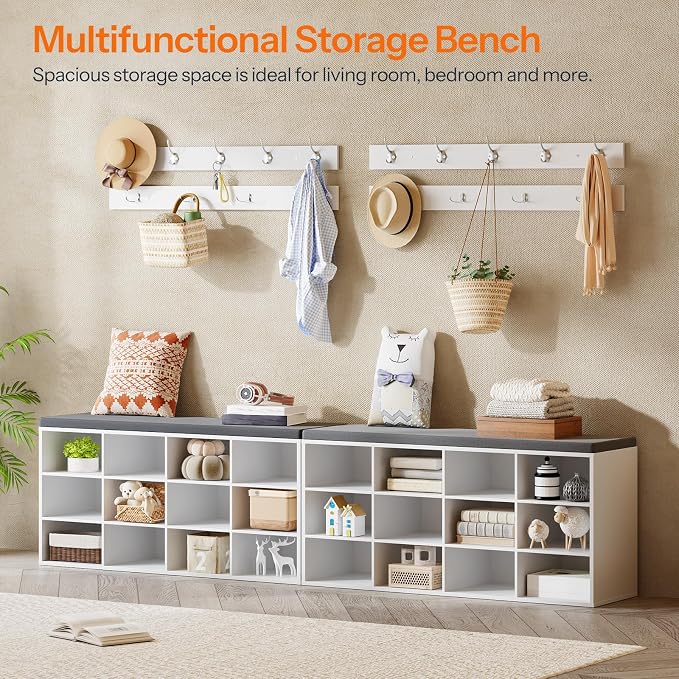 HOOBRO Shoe Storage Bench with Cushion, 39.4" L Entryway Bench with 12 Cubbies, Entryway Hall Tree with Storage, Cubby Shoe Rack Bench with Coat Rack for Hallway, Holds up to 330 lb, White WT112HX01
