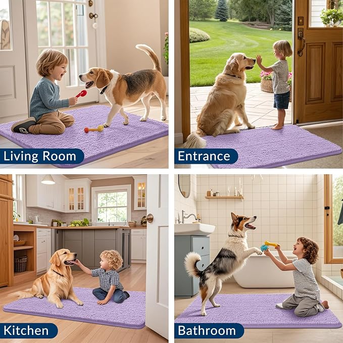 Smiry Dog Door Mat for Muddy Paws 30x20, Absorbent Dirt Trapper, Non-Slip Washable Chenille Entryway Rug for Inside Floor, Lavender, Classic Solid