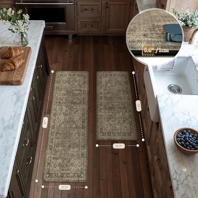 Vintage Kitchen Mats for Floor Anti Fatigue Waterproof Kitchen Rug Brown Cushioned Non-Slip Kitchen Mats Comfort Standing Mat for Sink Laundry Office 17.3"×47"