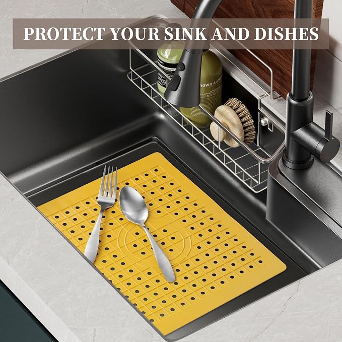 WILLKOMMEN Kitchen Sink Mat, 12" x 10" Rectangular Sink Protector Pad, Fast-Draining Grid Design Liner, Dish Drying Mat 2 Pack Yellow