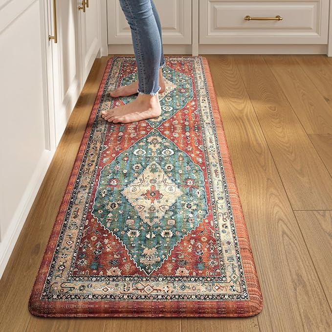 Collive Kitchen Rugs Anti Fatigue Kitchen Runner Mats Cushioned, Comfort Fatigue Mats for Standing, 17.3”x59” Red Non Skid Washable Kitchen Floor Mats for Office, Sink, Laundry
