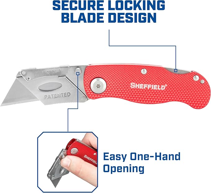 Sheffield Folding Utility Knife, Accepts Standard Utility Knife Blades, Box Cutter Aluminum Handle, Razor Blades Included, For Home, Office, Trades, and Warehouse