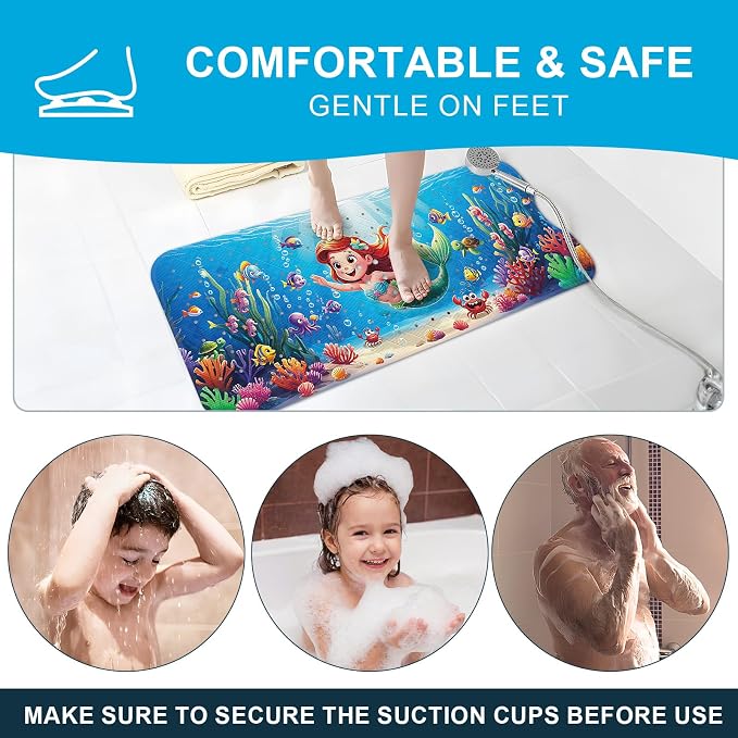 XIYUNTE Baby Bath Mat for Tub Non Slip Kids Bath Mat - 40''x16'' Extra Long Cartoon Turtle Baby Bath Tub Mat Eco-Friendly Toddler Bath Mats with Suction Cups & Drain Holes, Easy to Clean & Easy Drying