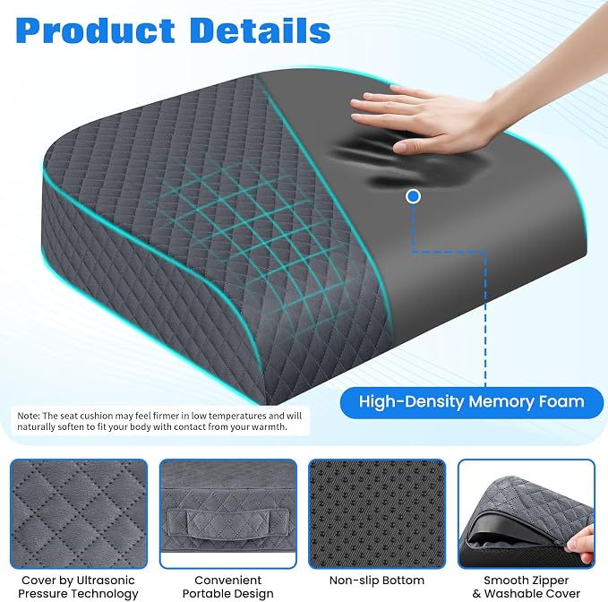 Seat Cushion for Office Chair, Memory Foam Chair Cushions, Car Seat Cushion for Long Sitting, Desk Chair Cushion for Pressure Relief, Non-Slip Bottom, Washable Cover, X-Large, Grey