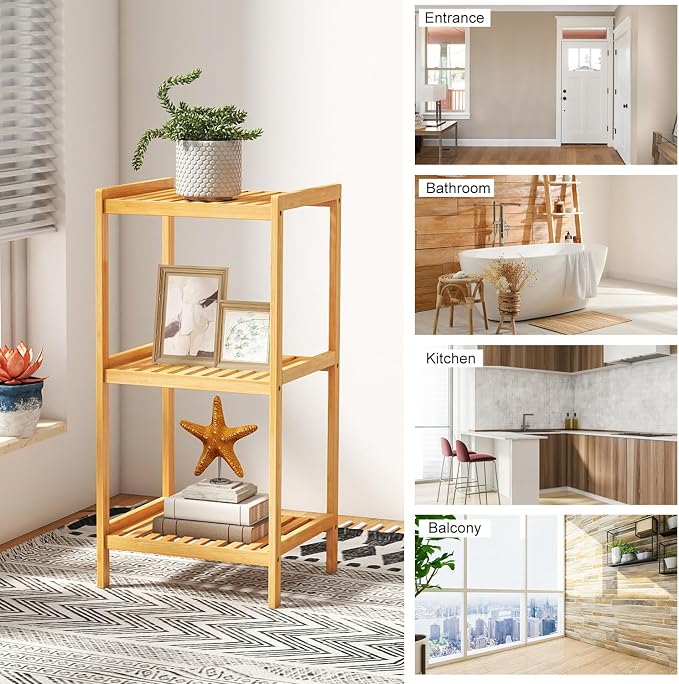 kinbor 3-Tier Bamboo Shelf Freestanding - Space-Saving Bathroom Standing Shelf & Plant Stand, 3 Shelf Bookcase for Kitchen, Living Room, Office (Natural Bamboo, Easy Assembly)