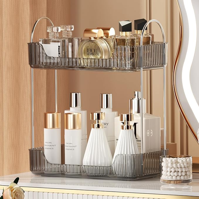 Akinbas 2 Tier Bathroom Organizer Countertop Makeup Perfume Tray Skincare Organizer for Bathroom Dresser Vanity (Grey)