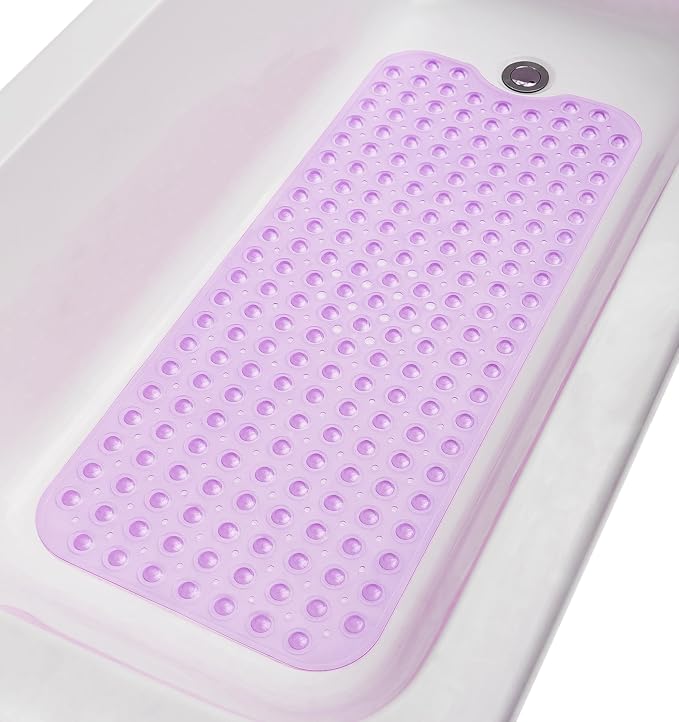 Extra-Long Non-Slip Bathtub & Shower Mat 39”x16” (Smooth/Non-Textured Tubs Only) Safe, Clean, Machine-Washable, Superior Grip&Drainage, Vinyl, Transparent Purple
