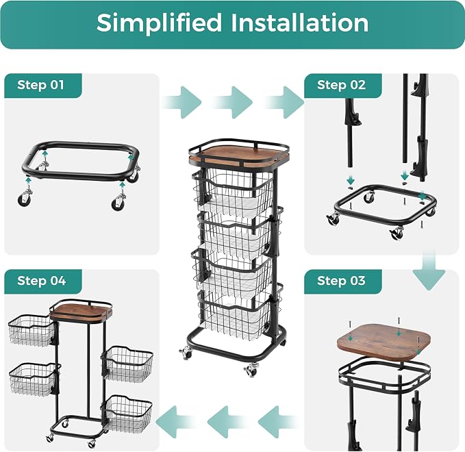 4 Tier Kitchen Fruit Vegetable Storage Cart with One-Piece Rotating Basket, Pantry Organizer Shelf Rack Floor Stand for Veggie Onion Potato Produce Spice, Rolling Snack Cart on Wheels, Black
