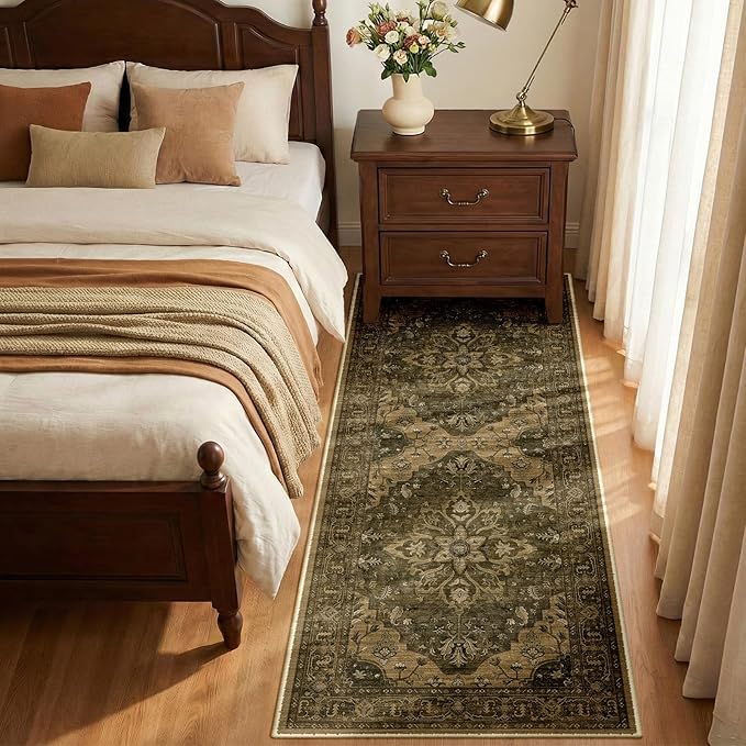 RELEANY Area Rugs Runner 2'x6' Washable Non-Slip, Floral Vintage Distress Medallion Carpet for Kitchen Hallway Bedroom Beside Laundry Room Bathroom, Brown Dark Brown