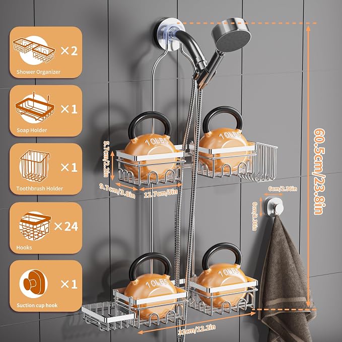 DAOYA Shower Caddy Hanging - Over Shower Head Caddy, 0.82 inch Universal with 2 Shelves, Soap Holder, Toothbrush Holder & Reusable Suction Hook, Complete Silver Bath Organizer Set