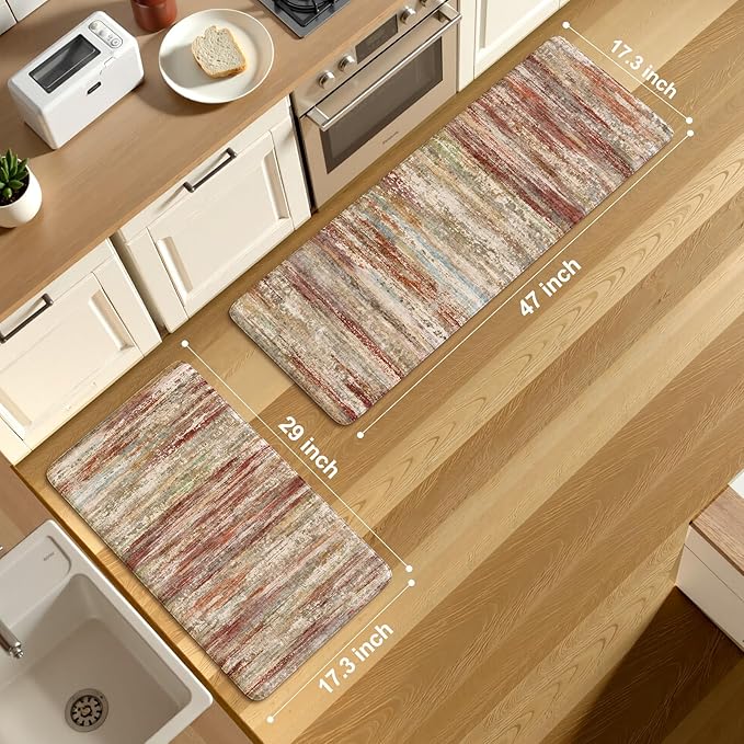KIMODE Anti Fatigue Kitchen Mats, Farmhouse Kitchen Rugs Sets of 2, Non Slip Kitchen Mats for Floor, Cushioned Kitchen Floor Mats for Sink Laundry Office Desk Red Brown 17"x47"+17"x29"