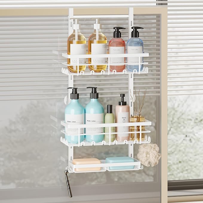 SWTYMIKI Over The Door Shower Caddy - 3 Tier Rustproof Hanging Shower Organizer with Adjustable Shelves, 28 Hooks & Soap Holder, Hanging Shower Rack Storage for Bathroom Accessories, White