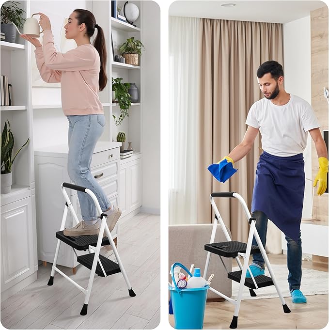 Step Ladder, Portable Steel Folding Step Stool with Wide Anti-Slip Pedal & Convenient Handgrip, Sturdy Steel Ladder, 2-Step, White
