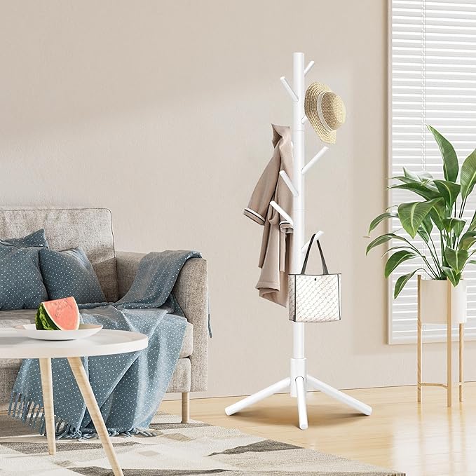 Coat Rack, Coat Racks Freestanding with 8 Hooks 3 Adjustable Heights for Clothes, Hats, Handbags, Coat Tree Easy Assembly for Entryway, Bedroom, Hallway, Office(White)
