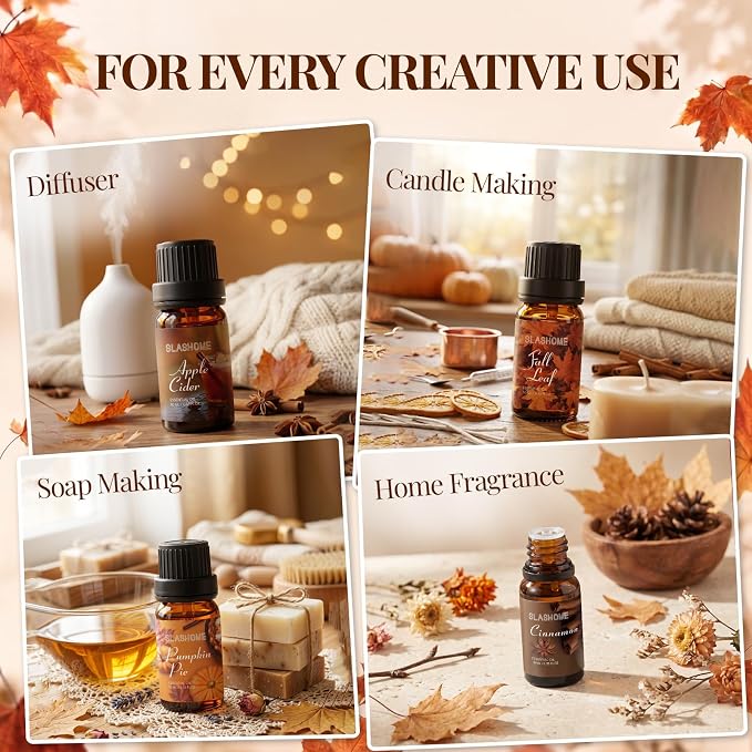 8 Pack Fall Essential Oil Set, Essential Oils for Diffusers for Home, Autumn Fragrance Oils for Candle and Soap Making, Aromatherapy Oils Gift for Women & Men, with Pumpkin Spice, Cinnamon, Vanilla