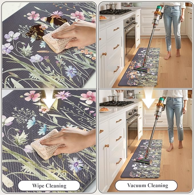 KIMODE Anti Fatigue Kitchen Mat, Farmhouse Floral Kitchen Rugs, Kitchen Floor Mats Non-Slip,Comfort Kitchen Mats for Floor Sink, Laundry, Office, Desk Dark Grey/Purple 17"x47"+17"x29"