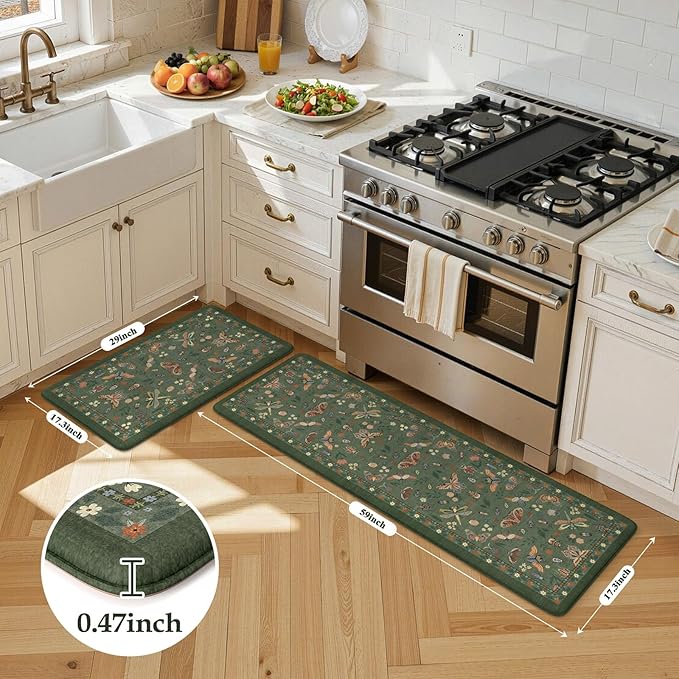 LEEVAN Anti Fatigue Mats for Kitchen Floor Non-Slip, Cushioned Kitchen Mats for Floor 17.3''x29''+17.3''x59'', Green Memory Foam Kitchen Mat Set