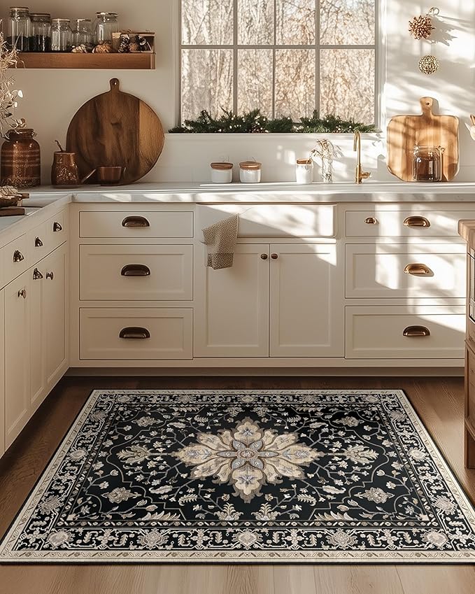 RELEANY Area Rugs 3'x4' Washable Non-Slip, Floral Vintage Distress Medallion Carpet for Living Room Bedroom Dining Room, Black Brown Neutral Dark Tan