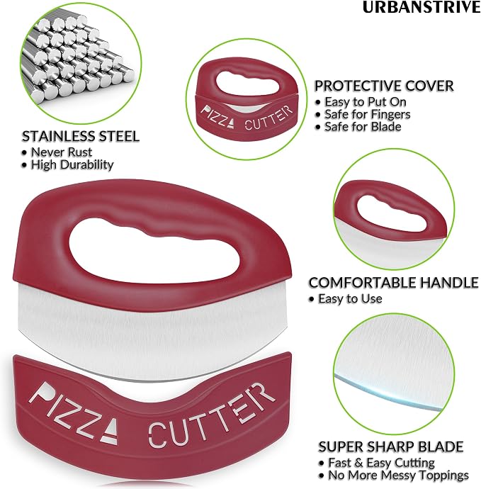 Urbanstrive Heavy Duty Stainless Steel Pizza Cutter with Cover, Super Sharp Blade Pizza Knife Pizza Cutter Rocker, Perfect Kitchen Gadgets for Pizza Cutting Home Essentials (Red)