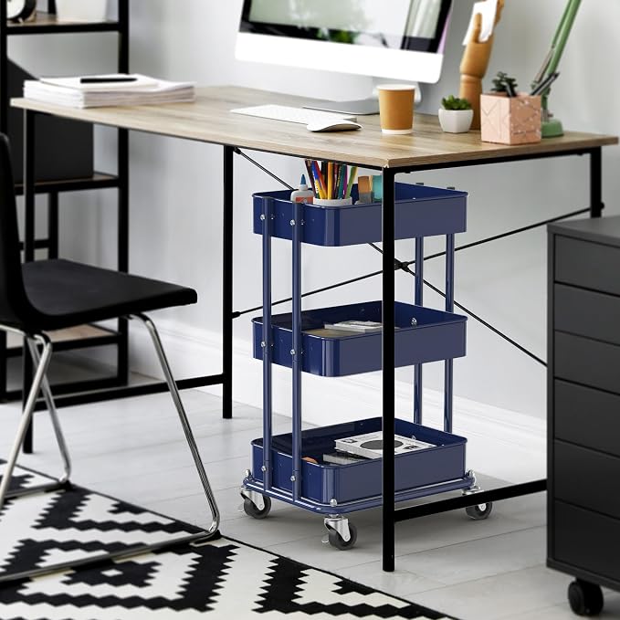 Simple Houseware 3-Tier Compact Utility Rolling Cart, Low 24” Height Fits Under Desk, Space-Saving Storage for Home Office, Dining Room, or Kitchen, Navy