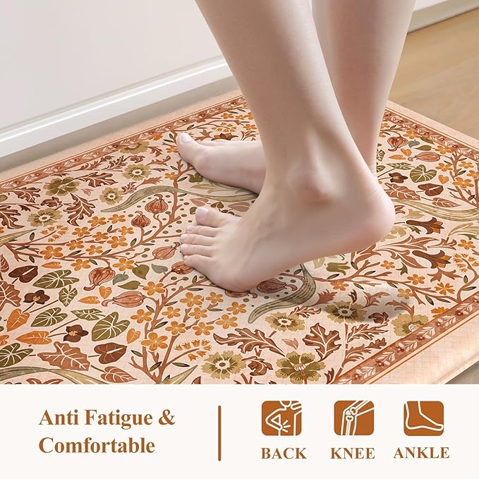 Collive Fall Orange Floral Kitchen Mats, Cushioned Anti Fatigue Kitchens Rugs Set of 2 Non Slip Desk Mats, Waterproof Sink Mat Comfort Standing Rug for Home Office Decoration