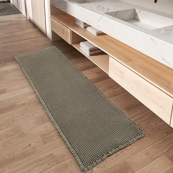 AMOAMI Upgraded Waffle Runner Rug Super Absorbent Non Slip Bath Mats for Bathroom Floor Washable Bathroom Runner Rug with Tassels, Ideal for Hallway Bedroom Laundry Room, Green, 2' x 6'(24" x 72")
