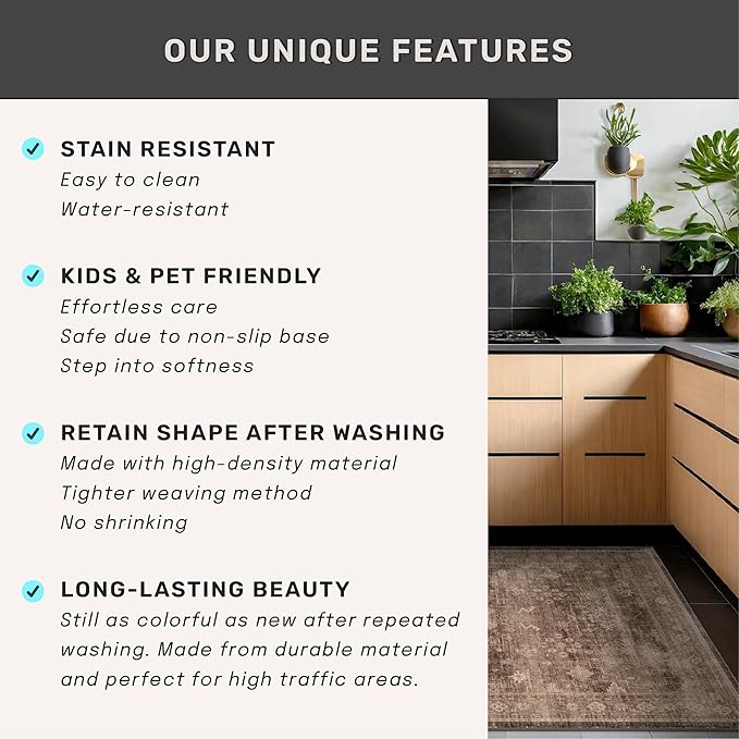 Hazo Haus Neutral Boho Washable 3x16 Extra Long Hallway Runner Rug, Brown Waterproof Large Kitchen Floor Rug Indoor, Non-Slip Stain & Fade Resistant, Vintage Dark Earthy Taupe Décor (3x16 Brown)