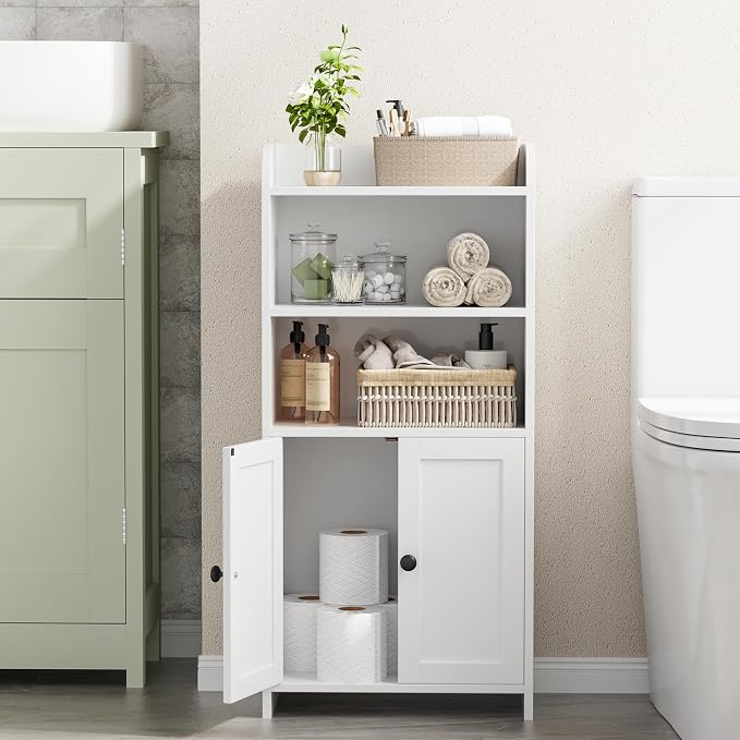 Homhedy Small Bathroom Storage Cabinet, Freestanding Toilet Paper Storage with 2 Doors and Shelves, Bathroom Organizers and Storage for Small Spaces, Laundry Room, 7.9" D x 14.6" W x 31" H, White