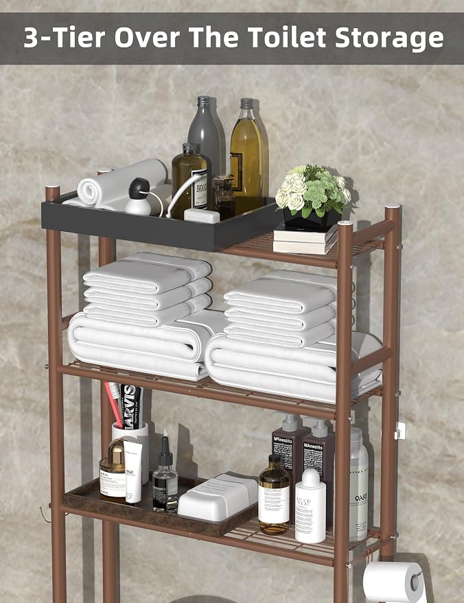 Livilord 3-Tier Over The Toilet Storage, Freestanding Metal Bathroom Shelves with 4 Hooks, Over Toilet Storage Shelf with Paper Holder, Above The Toilet Shelf for Bathroom Storage, Bronze