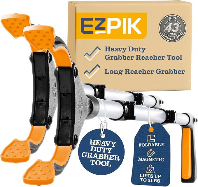 EZPIK Pro 43" Foldable Grabber Reacher Tool for Seniors - Grabbers for Elderly Reaching Tool Heavy Duty Pickup Trash Picker Upper Equipment - Claw Grabber Stick for Reaching Aids, Weed Gripper 2-Pack
