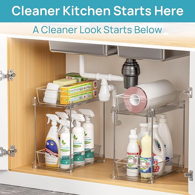 Vtopmart 4 Pack Higher Bathroom Organizer, 2 Tier White Under Sink Organizers Vanity Countertop Storage Container,Cabinet Drawers Bins, Pull-Out Organization with Track for Pantry, Kitchen