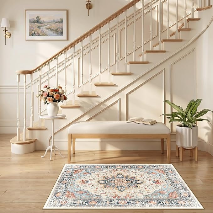 RELEANY Area Rugs Small 2'6"x4' Washable Non-Slip, Floral Vintage Distress Medallion Carpet for Kitchen Entryway Bathroom, Beige Navy Blue Orange Colorful