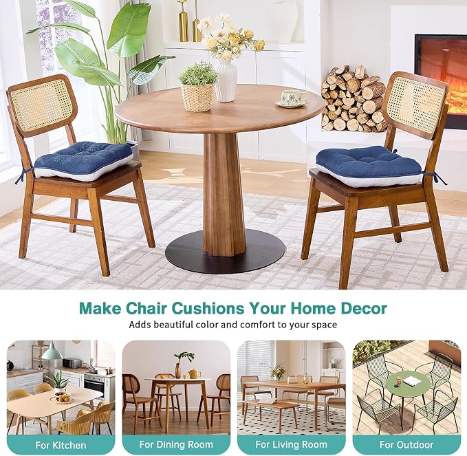 BETU Chair Cushions for Dining Chairs Set of 2,3.5" Thick Outdoor Indoor Chair Pads with Ties,Non Slip Backing and Covers, Seat Cushion for Kitchen Dining,Bar,Patio Furniture15.5"X15.5"X3.5",Navy Blue