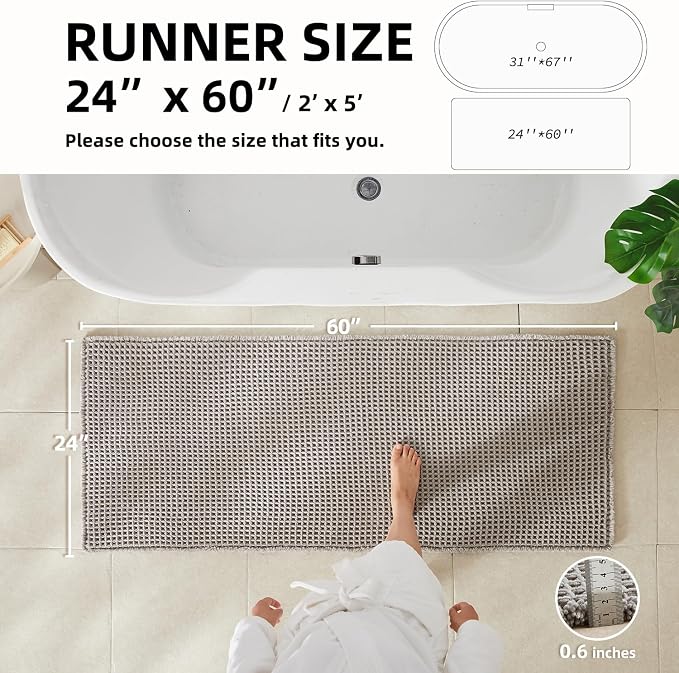 TYUU Waffle Runner Rug Bathroom, Long Boho Bathroom Rugs Non Slip Washable Super Absorbent Quick Dry Farmhouse Bath Decor, 60"x24" Light Grey