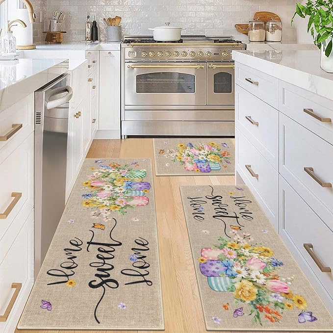 Vaukki Boho Kitchen Rug Sets 3 Pieces, Washable Kitchen Mats for Floor, Non Slip Soft Kitchen Area Rug Floor Mat for Kitchen, Laundry Room and Hallway (Spring Vase, 20''x32''+20''x47''+20''x59'')
