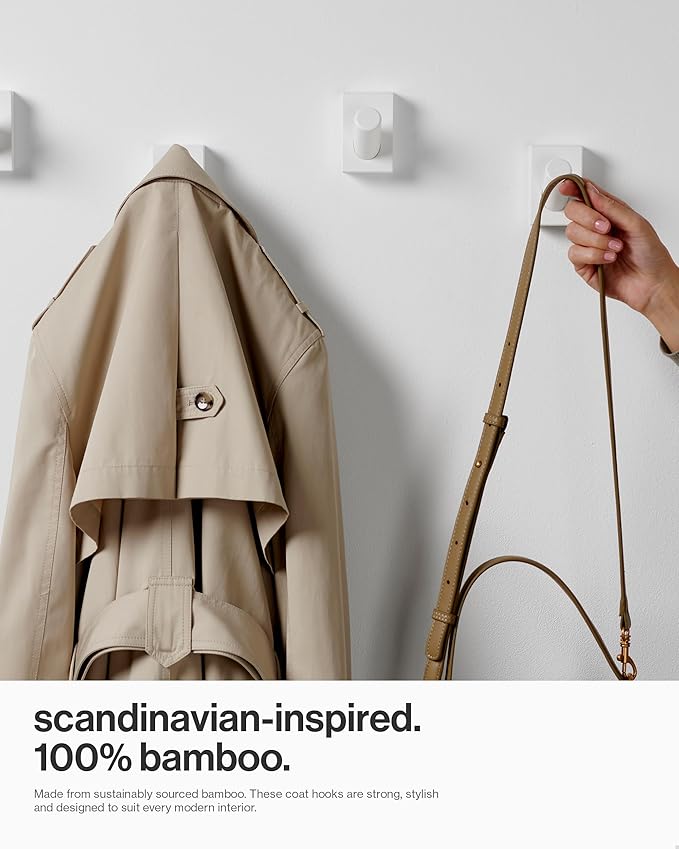 LARHN White Wall Hooks (4-Pack), Wall Mounted Coat Hooks for Wall, Wood Hooks for Hanging - Modern Scandinavian Home Decor - Series 6