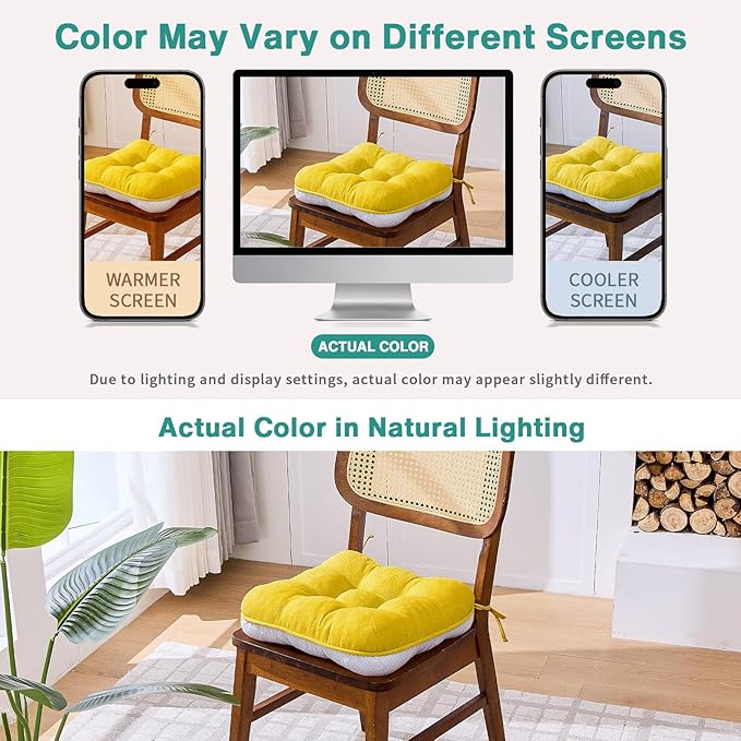 BETU Chair Cushions for Dining Chairs Set of 4,3.5" Thick Kitchen Table Chair Pads with Ties,Non Slip Backing and Covers, Seat Cushion for Dining Room,Bar,Patio Chairs,15.5"X15.5"X3.5",Gold