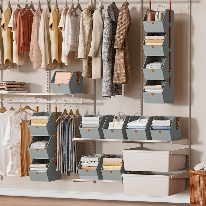 Homsorout Hanging Closet Organizer 4 Tier - Clothes Hanging Shelves, Space-Saving Closet System, Fabric Storage Bins Bedroom Organization, Collapsible Baskets for Home, Dorm, Rv, Grey, 8 Pack