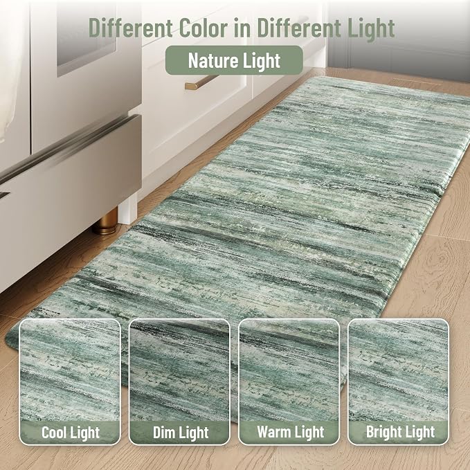 KIMODE Kitchen Mats Cushioned Anti Fatigue, Abstract Kitchen Rugs Sets of 2, Non Slip Kitchen Mats for Floor, Padded Kitchen Floor Mats for Sink Laundry Office Desk Green Multi 17"x47"+17"x29"
